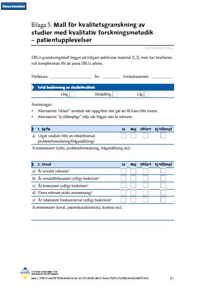 Bilaga 2 SBUs mall för kvalitetsgranskning av studier