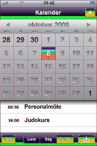 Du kan visa kalenderaktiviteter i en kontinuerlig lista, efter dag eller efter månad. Aktiviteterna från alla synkroniserade kalendrar kommer att synas i samma kalender i iphone.