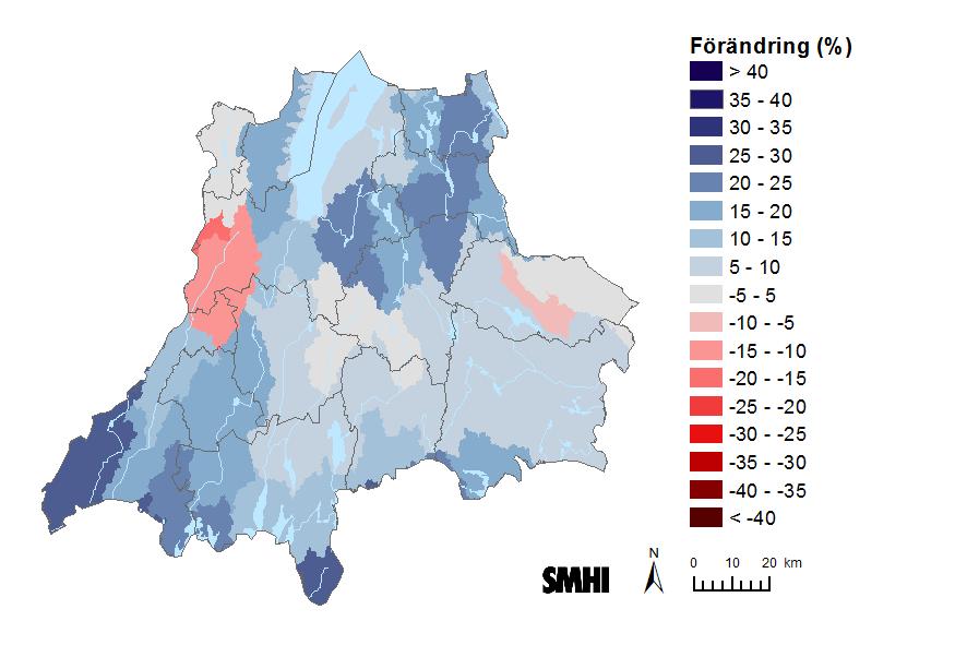 Figur 5: förändring av 100-årsflöde jämfört med referensperioden, i slutet av seklet vid scenariot RCP8.5. Källa: smhi.