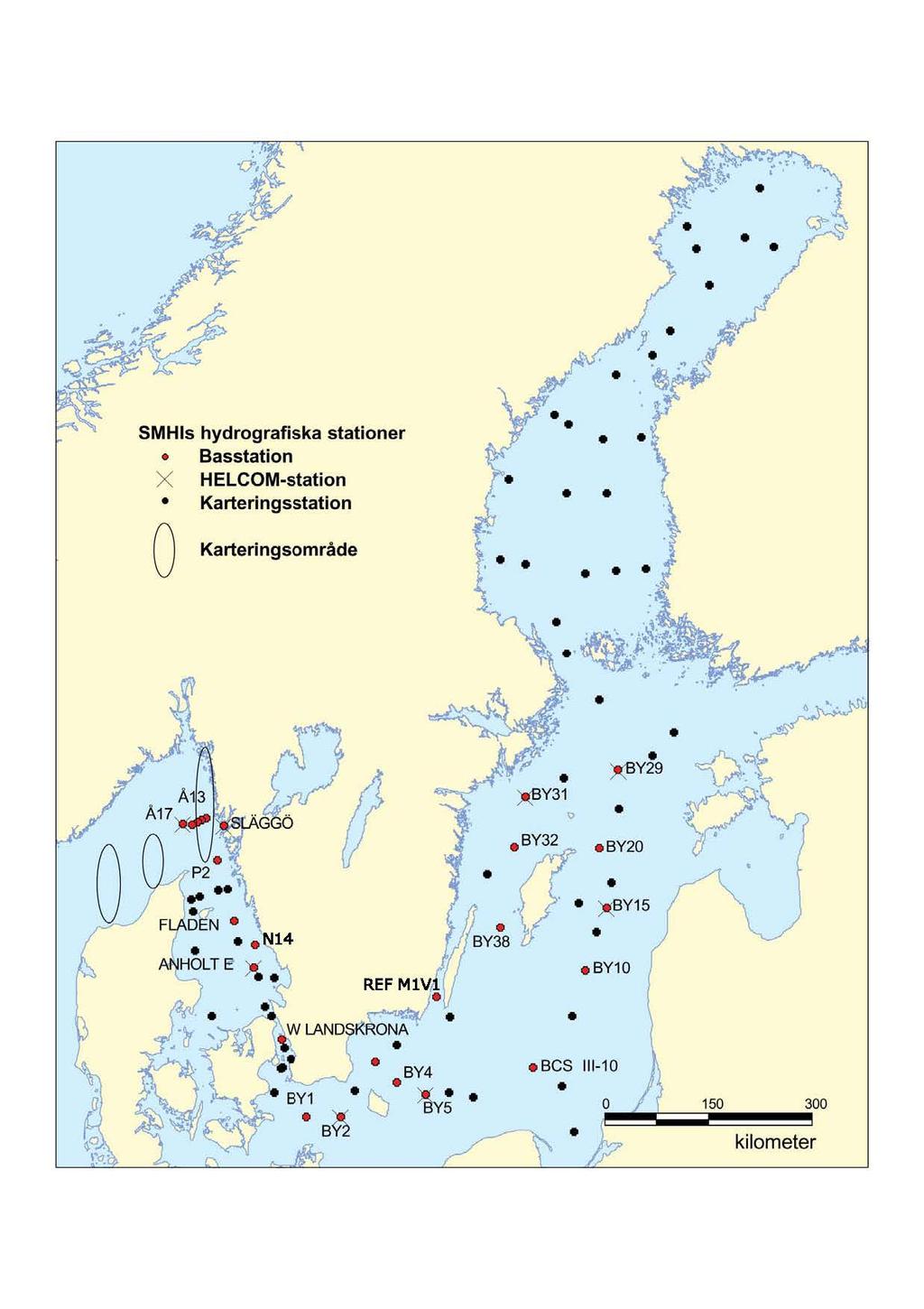 SMHis hydrografiska stationer Basstation X HELCOM-station Karteringsstation O Karteringsområde SYKEs