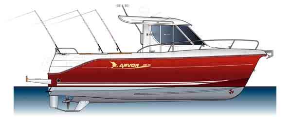 ARVOR 280 AS Deluxe NYHET Specifikationer LOA inkl badbrygga 9,50 m Skrovlängd 8,48 m Max bredd 2,99 m