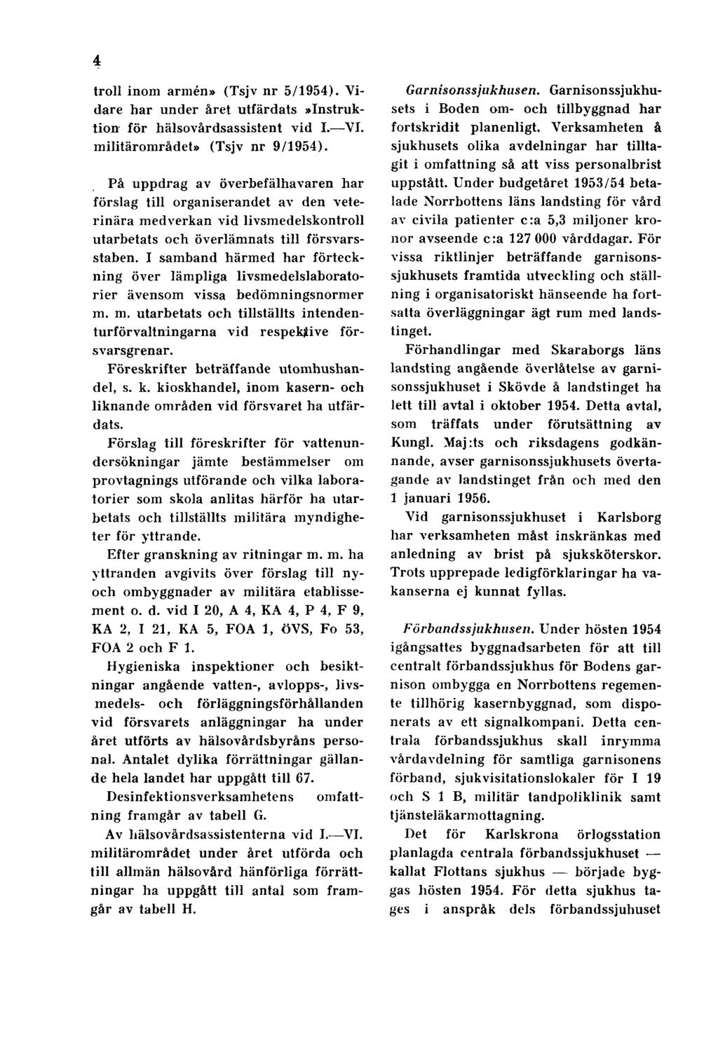 4 troll inom armén» (Tsjv nr 5/1954). Vidare har under året utfärdats»instruktion för hälsovårdsassistent vid I. VI. militärområdet» (Tsjv nr 9/1954).