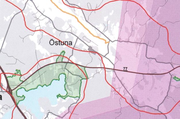 Riksintressen Områden som kan beröras av flygbuller från Arlanda FBN 55dB(A) (mörkare violett) In- och utflygningsvägar (ljust violett) Riksintresse kulturmiljö (röd linje) Riksintresse