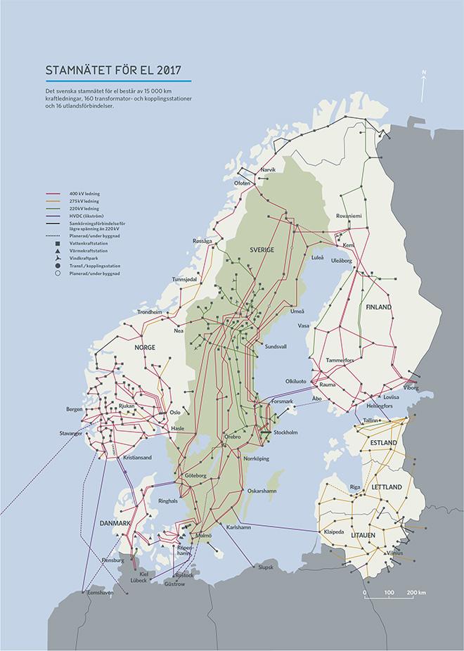 1.1 Elnätet Det svenska elnätet består av 56 400 mil ledning, varav ungefär 38 200 mil är jordkabel och 18 200 mil är luftledning. Elnätet kan delas in i tre nivåer: stamnät, regionnät och lokalnät.