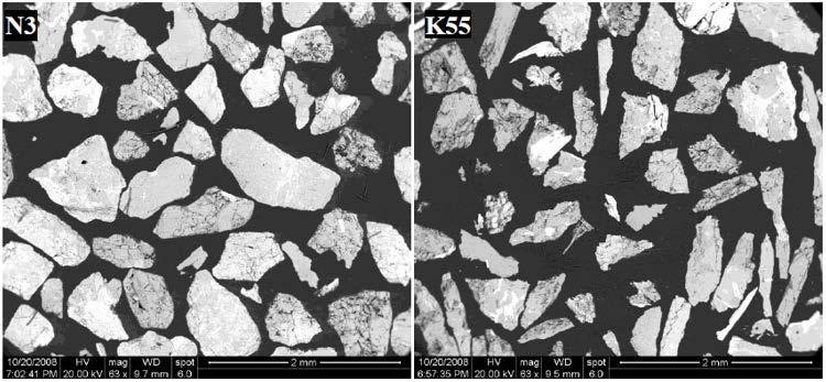Figur 2.4.1. SEM-bilder. Naturballast N3 och Krossmaterial K55. Fraktion 0,5-1,0 mm.