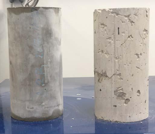 Figur 4.10.7. Till vänster, 300 mm cylinder från gjutnigsförsök 2. Till höger, tryckt 300 mm cylinder från gjutningsförsök 8.