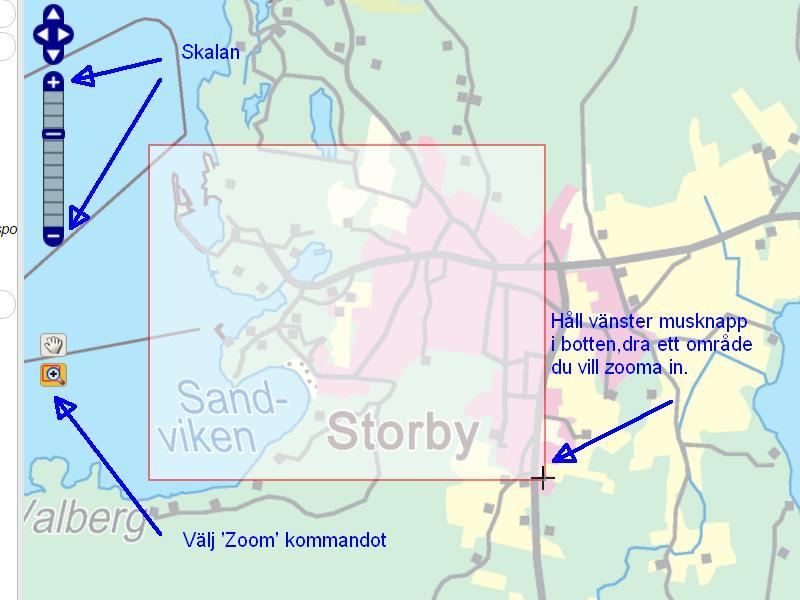 Bild 11. Zooma in ett begränsat område. 3.3 Mätningar Vid kartans högra sida kan du se flera olika mätverktyg, vilka kan användas för olika bruk. 3.3.1 Mät avstånd För att mäta avstånd på kartan klicka på ikonen för Mät avstånd, som finns i kartans högra sida.