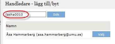 UmU-id. Exemplet visar hur det ser ut med sökning på del av namnet.