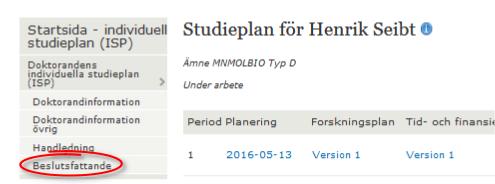 5.3 Att tillfråga beslutsfattare för doktorands ISP och ämne Det åligger huvudhandledaren att se till att rätt beslutsfattare är kopplad till rätt doktorands ISP.