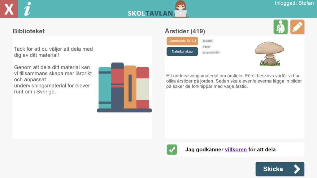 Dela till Biblioteket Genom att dela till Biblioteket så bidrar till att mer lärorikt och anpassat undervisningsmaterial finns för elever runt om i Sverige.