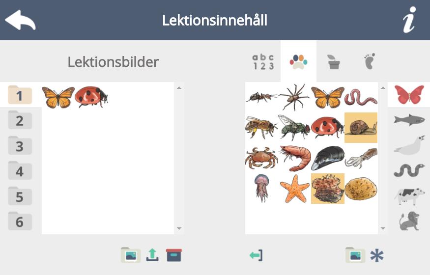 Lektionsbilder I inställningar kan du välja att visa lektionsbilder (bildmeny på). Med funktionen lektionsbilder så kan du välja att skapa egna mappar med bilder som eleven/eleverna ska arbeta med.
