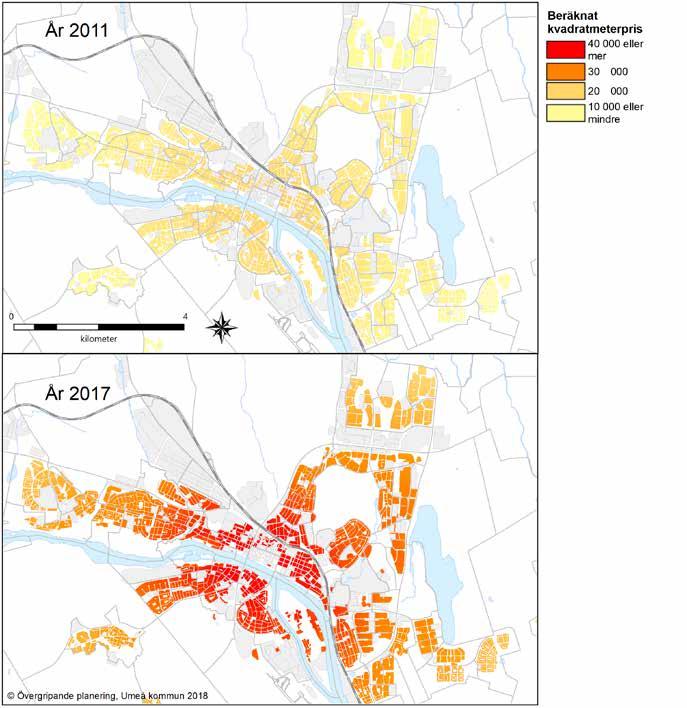Bostadsrättspriserna har skapat förutsättningar för nya geografier Kvadratmeterpriserna i Umeå tätort har haft en stark ökning under de senaste sex åren.