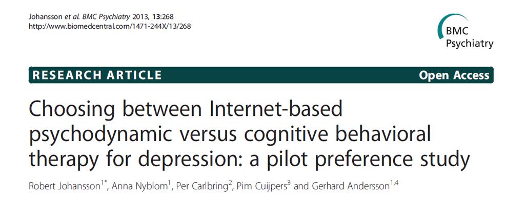 Participants were allocated to IPDT or ICBT based on their stated preference. More than half of the participants preferred ICBT (N = 30) over IPDT (N = 14). van Schaik, D., Klijn, A.