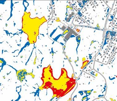 Vägledning för skyfallskartering 29 Jämförelse mellan kartering av lågpunkter och kartering av markavrinning Eftersom en kartering av lågpunkter inte kan kopplas till ett regn med en viss volym eller