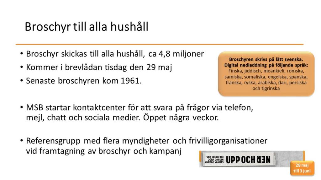 Broschyren skickas till alla svenska hushåll, cirka 4,8 miljoner. Den landar i brevlådan tisdagen den 29 maj.
