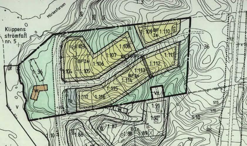 Utdrag från gällande byggnadsplan Klippen 1:103-1:117. Området berör även byggnadsplan Klippen 1:103-1:117 m.m., fastställd 1978-10-10 (kommunens beteckning 3:46, ARKENS akt nr 24-P1980-85).