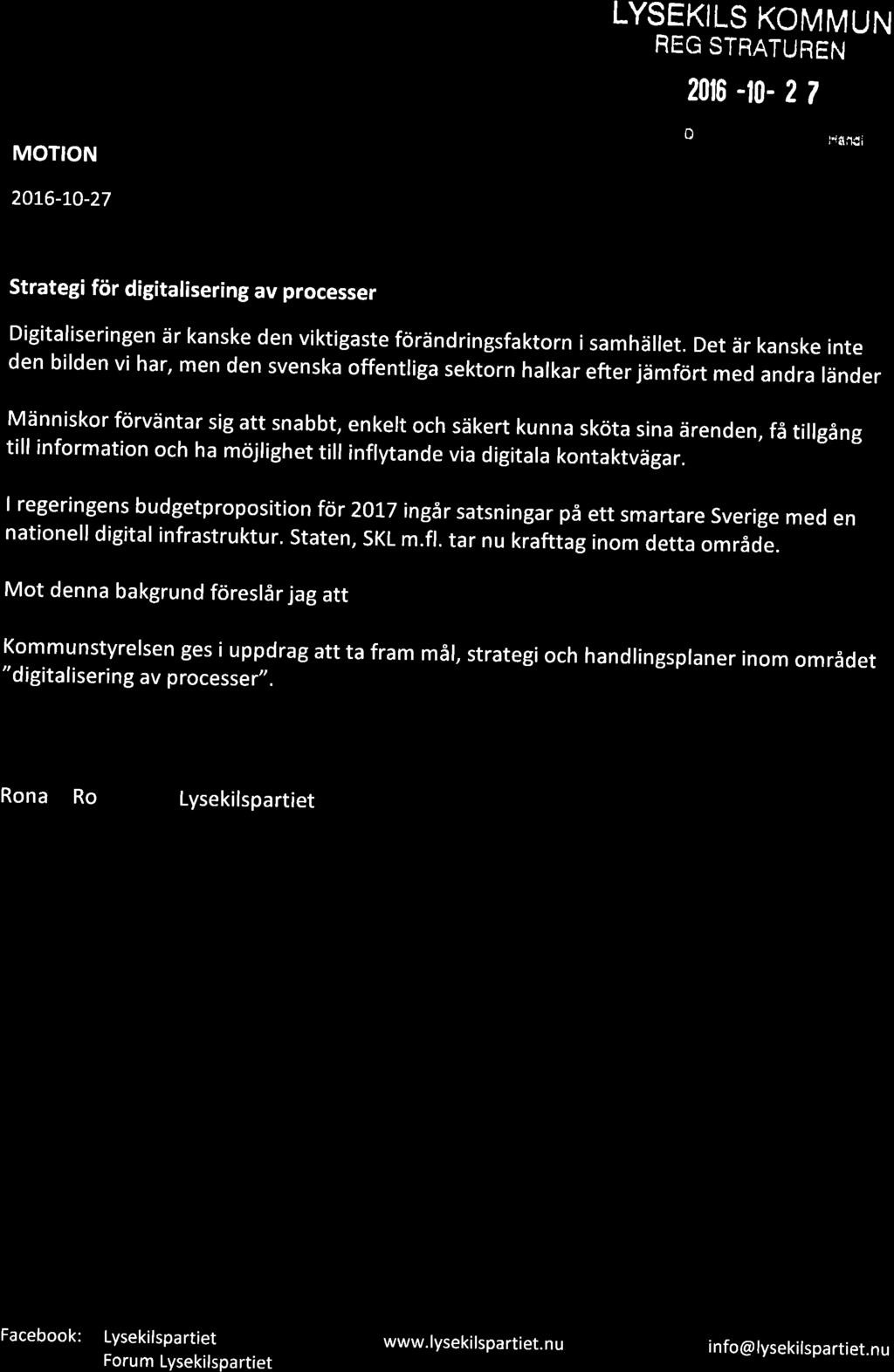 LYS E KI LS Ko M M U N R E\: T 5 RATU R E N MOTION 20L6-10-27 L ts 2016 40-2 7 OY: /é lt 0()f r.if,ítd.