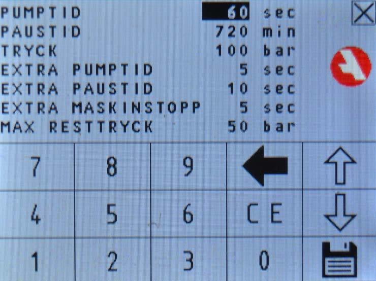 INSTÄLLNINGAR Ange pumptid, paustid och tryck. Pumptid är tiden innan det larmar under trycksättningen. Paustid är tiden från då pumpen stannat tills den ska starta igen.