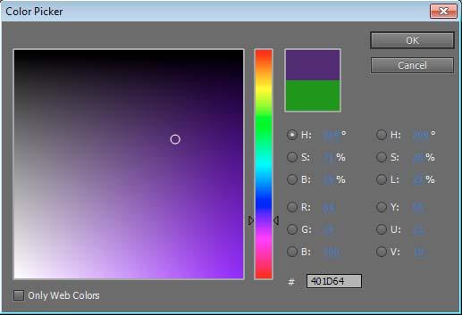 Använda effekter 163 Välja en färg med Färgväljaren Du kan välja färger för effekter och projektionsytor med Färgväljaren genom att välja en färg ur färgspektrumet eller genom att ange färger med