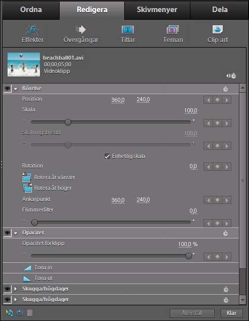 Arbetsyta i Adobe Premiere Elements 12 Arbetsytan Redigera med vyn över effektegenskaper Fler hjälpavsnitt Översikt över projektvyn på sidan 21 Lägga till filer i ett projekt på sidan 49 Visa klipp i
