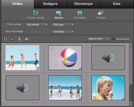 Arbetsyta i Adobe Premiere Elements 13 Arbetsytan Ordna Från arbetsytan Ordna på aktivitetspanelen kan du använda följande: Hämta media Gör att du kan lägga till filer från flera olika källor, bland
