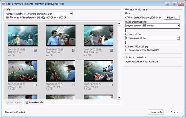 Importera och lägga till media 52 Adobe Premiere Elements Fotohämtare (Dialogrutan Avancerat) 3 Välj enhet på snabbmenyn Hämta foton från.