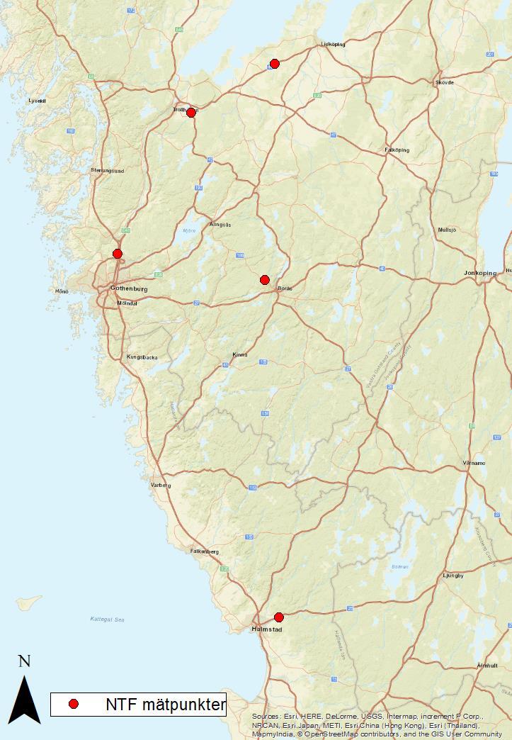 Figur 1. Kartbild över NTF:s mätplatser. Tabell 1. Information om hastighetsgräns, medelhastighet vid val av kontrollpunkter, medelhastighet och andel överträdelser veckan före insatsen.