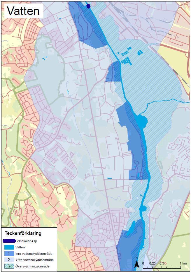 Figur 2. Inre- och yttre vattenskyddsområden i Södra staden. De mörkblåa områdena markerar inre vattenskyddsområden och de ljusblåa områdena innebär yttre vattenskyddsområde.