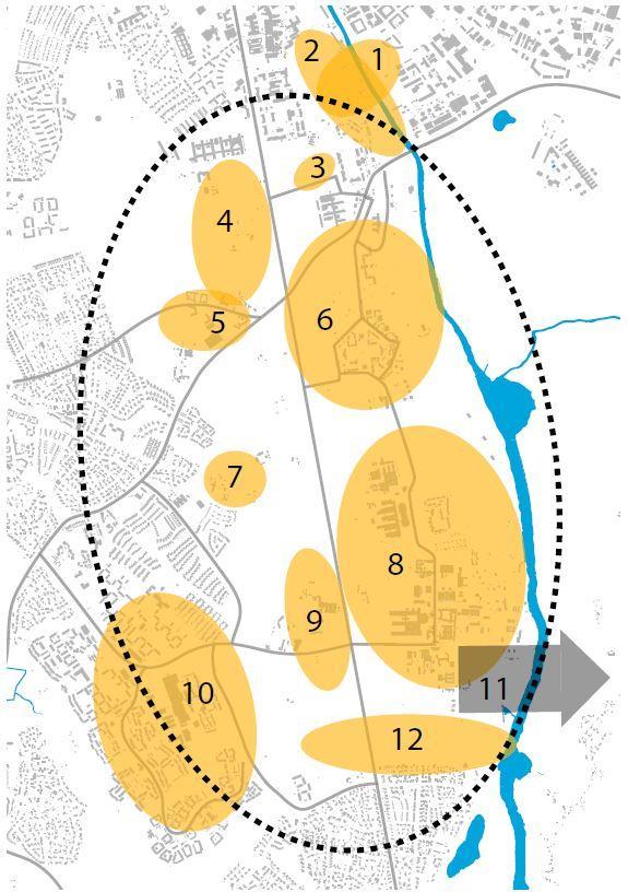 5 Alternativ 13) 14) Figur 4. Karta som visar utvecklingsområden i nollalternativet. Kollektivtrafiken utgör ryggraden för utvecklingen av Södra staden och lokalisering av tillkommande bebyggelse.