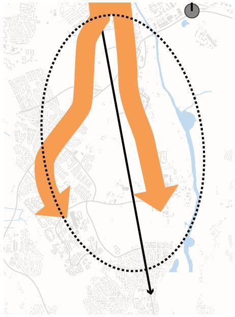 5.1 Alternativ - Tre stråk Alternativet bygger på att utveckla ett kollektiv- och bebyggelsestråk öster om Dag Hammarskjölds väg, som binder ihop samtliga bebyggelse områden öster om vägen.