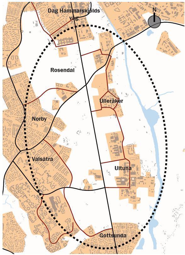 Figur 1. Geografisk avgränsning av Södra staden (Uppsala kommun, 2015).