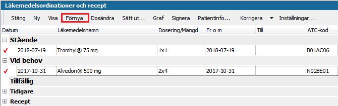 Förnya recept För att förnya ett recept markerar du läkemedlet under någon av rubrikerna Tills vidare, Vid behov Tillfällig eller Recept och