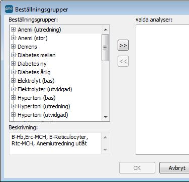 För att beställa analyser kan du lägga till en hel analysgrupp, välja enstaka analyser eller välja en färdig grupp från Beställningsgrupper i menyraden.