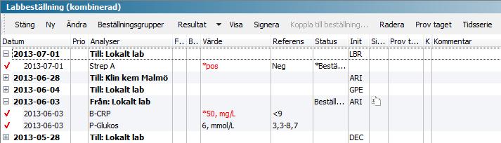 Val av specifika analysprover i Tidsserie Från modulerna Labbeställning och Labresultat kan du välja att se specifika analysprover i en tidsserie.