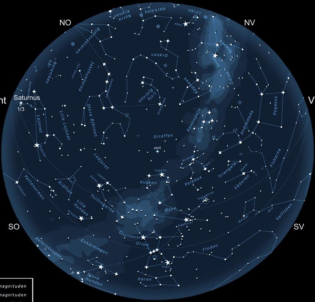 STJÄRNHIMLEN, VINTER Stjärnkartan går bra att använda i Sverige under vinter och tidig vår. Svensk normaltid (SNT) gäller under perioden.