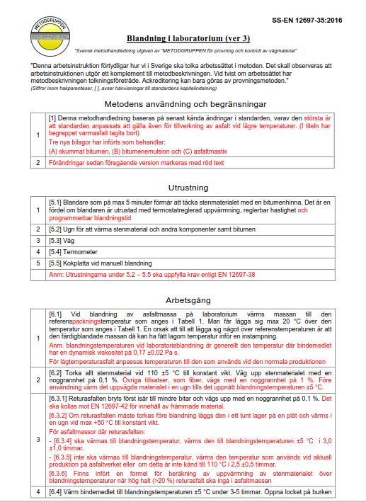 Ringanalyser EN 12697-3 (2016/2017) EN 12697-16 (2016) Gjutasfalt: EN 12697-20, EN 12970 Annex B, FAS 447-98, EN 12697-1, EN