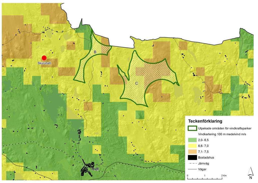 UTPEKADE OMRÅDEN FÖR VINDKRAFTSPARKER Vindbruksmrådena i nrra ch södra delen av kmmunen har klassats sm utpekade mråden för vindkraftsparker.