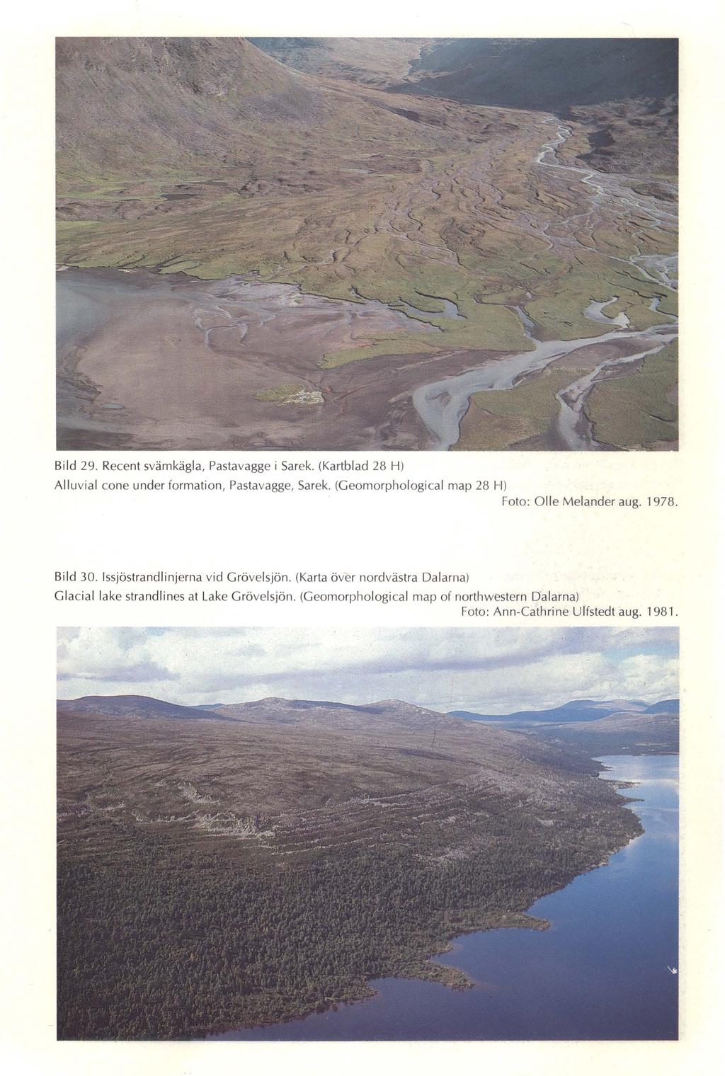 Bild 29. Recent svämkägla, Pastavagge i Sarek. (Kartblad 28 H) All uvial cone under formati on, Pastavagge, Sarek. (Geomorphological map 28 H) Foto: O lle Melander aug. 1978. Bild 30.