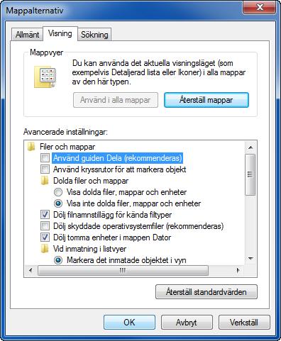 1 Klicka på Start, och välj Kontrollpanelen, Utseende och anpassning, och sedan Mappalternativ. 3 Windows XP, klicka på Min dator och välj Mappalternativ under Verktyg.
