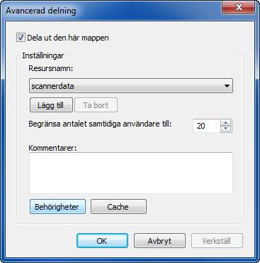 Grundläggande användning I Windows XP, högerklicka på mappen "skannerdata" och välj Delning och