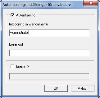 Förberedelser för användning 7 Markera kryssrutan bredvid Autentisering, ange inloggningsanvändarnamn (upp till 64 tecken) och Lösenord (upp till 64 tecken) och klicka sedan på OK. 8 Klicka på OK.