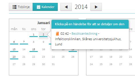 2 Kalender Journalöversikt Visa information och navigera i kalendern Kalendern öppnas från tidslinjen, genom att användaren klickar på knappen Kalender.