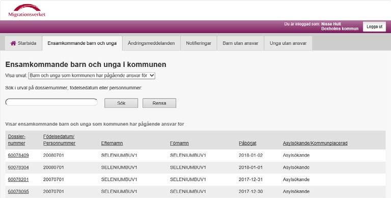 4.5 Ensamkommande barn och unga Vyn Ensamkommande barn och unga presenterar en lista med ett urval av individer för vilka kommunen har eller har haft ett ansvar, se figur 17.