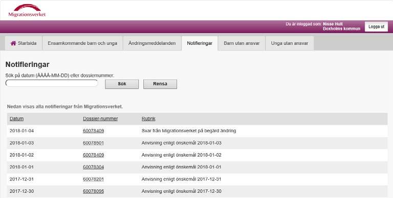 4.7 Notifieringar Vyn Notifieringar presenterar en lista med notifieringar som Migrationsverket skickat till kommunen, se figur 19. Notifieringar som är ett år eller äldre visas inte längre i vyn.