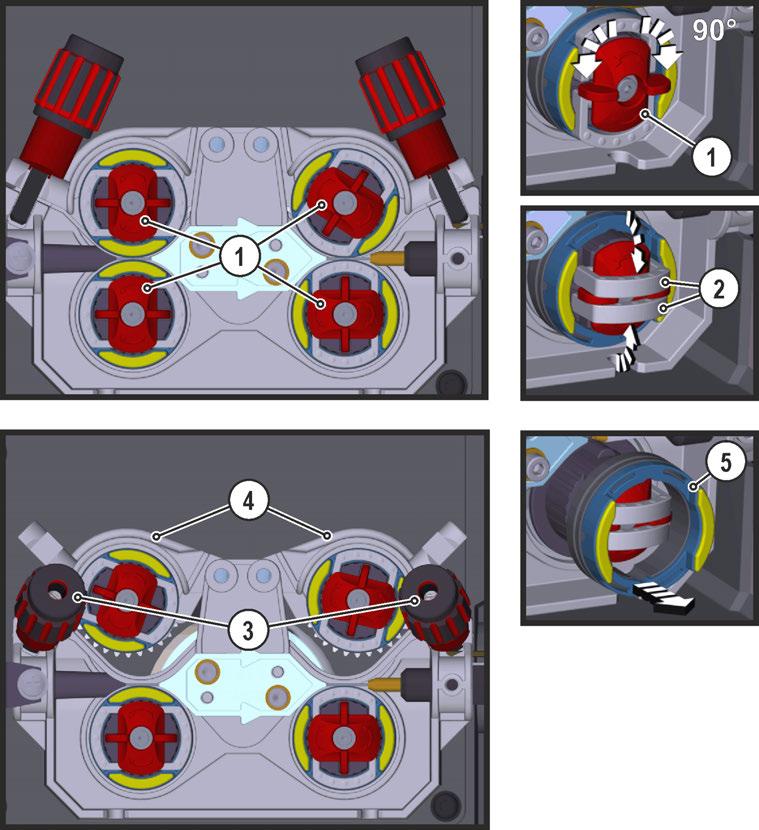 MIG/MAG-svetsning 5.3.3.3 Byt trådmatningsrullar Pos. Symbol Beskrivning 0 Bild. 5.14 1 Vred Med vredet fixeras låsbygeln till trådmatningsrullarna.