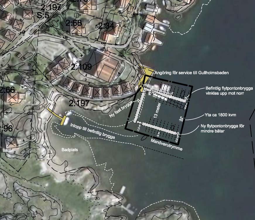 Fotomontage över en möjlig brygganläggning sedd från söder Befintligt vattendjup vid den södra bryggan är ca 1,5-2 meter vilket är fullt tillräckligt för att mindre båtar ska kunna nyttja