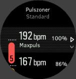 3.16.1. Pulszoner Pulszoner definieras som procentintervaller baserade på din maxpuls. Som standard beräknas din maxpuls med följande ekvation: 220 - din ålder.