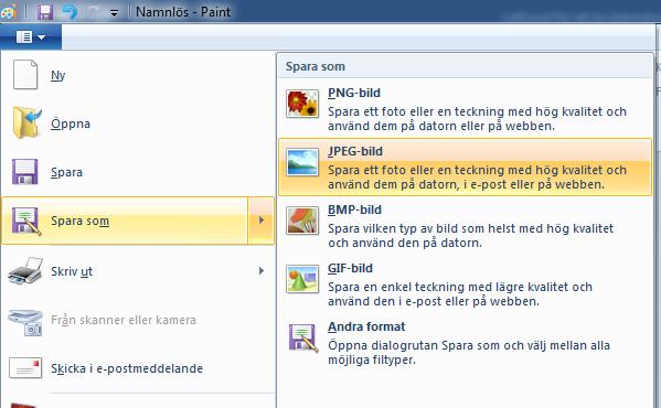 Alternativt om du har en senare version av Paint klickar du på knappen bredvid Start högst upp i högra hörnet. Välj Spara som och JPEG-bild. Se bild nedan 7.