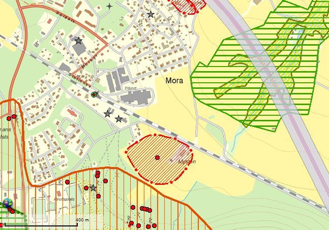 Befintlig Miljö Översikt Begränsad direkt påverkan Intresse för Naturvård Grönt Nyckelbiotop Ravin Brunt Gult Kulturmiljö Rött och Fornlämningsområde Orange