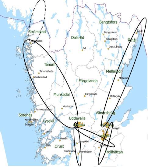 Funktionell geografi Fyrbodal Mest glesbefolkade delregionen i Västra Götaland I stora drag uppdelad i tre delar, fem